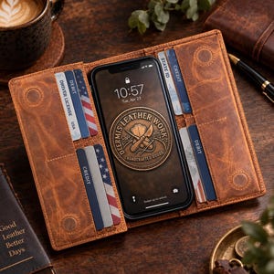 May include: A tan leather wallet case for a smartphone featuring multiple card slots containing various identification and credit cards. The phone screen displays the text DEERMIS LEATHER WORK HANDCRAFTED GOODS with a central emblem of crossed tools.