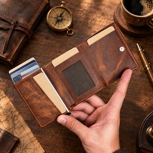 May include: A tri-fold brown leather wallet featuring multiple card slots, a clear ID window, and a metal snap closure. The wallet is open, revealing several blank cards and one card displaying a small American flag graphic in the corner.