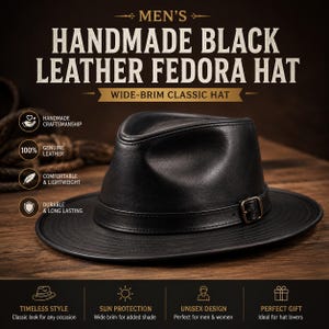 Könnte beinhalten: Ein schwarzer Leder-Fedora-Hut mit breiter Krempe und einem Lederband mit Metallschnalle. Der Text auf dem Bild lautet: MEN'S HANDMADE BLACK LEATHER FEDORA HAT, WIDE-BRIM CLASSIC HAT, HANDMADE CRAFTSMANSHIP, GENUINE LEATHER, COMFORTABLE & LIGHTWEIGHT, DURABLE & LONG LASTING, TIMELESS STYLE, SUN PROTECTION, UNISEX DESIGN, PERFECT GIFT.