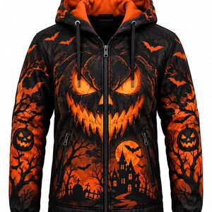 Op de afbeelding: Een zwart met oranje hoodie met rits, voorzien van een groot pompoengezicht op de borst, een spookhuis, een volle maan, vleermuizen en kale bomen. Het kledingstuk heeft een oranje gevoerde capuchon, zwarte trekkoorden en twee zakken met rits.