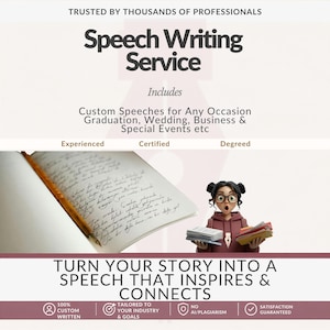 Może przedstawiać: Grafika promocyjna usługi pisania przemówień z tekstem: Trusted by Thousands of Professionals, Speech Writing Service, Includes Custom Speeches for Any Occasion, Experienced, Certified, Degreed, Turn Your Story Into a Speech That Inspires & Connects, 100% Custom Written, Tailored to Your Industry & Goals, No AI/Plagiarism, Satisfaction Guaranteed. Widoczny jest otwarty notatnik z pismem ręcznym oraz postać 3D trzymająca stosy papierów.