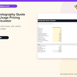 Può includere: Uno strumento digitale in formato XLSX modificabile per il calcolo di preventivi e prezzi di utilizzo per la fotografia. L'interfaccia mostra una tabella con colonne per i dettagli del lavoro, le ore di scatto, le ore di editing e i risultati.