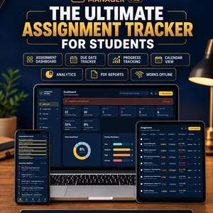 May include: Assignment Manager Pro software displayed on a laptop, tablet, and smartphone. The interface features a dark theme with gold accents, showing dashboards, assignment lists, due dates, progress charts, and analytics for student tracking.