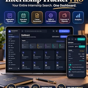 Könnte beinhalten: Internship Tracker PRO Dashboard-Software auf einem Laptop und Smartphone. Die Benutzeroberfläche umfasst Bereiche für Bewerbungspipelines, Interview-Tracking, Karrieredokumente, Fähigkeiten, Ausgaben und Analysen im Dark-Mode-Design.