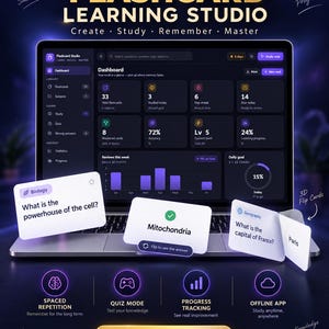 May include: A laptop displaying the Flashcard Learning Studio dashboard with dark mode interface, analytics, and progress charts. Three physical flashcards are shown in front, featuring biology and geography questions and answers.