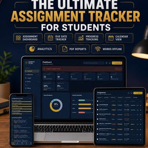 May include: Assignment Manager Pro software displayed on a laptop, tablet, and smartphone. The interface features dark mode with gold accents, showing dashboards, assignment lists, due date trackers, progress charts, and analytics reports.