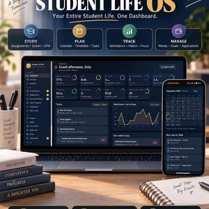 Puede incluir: Una interfaz de panel digital titulada Student Life OS mostrada en la pantalla de una computadora portátil y un teléfono inteligente. La interfaz oscura incluye secciones para estudio, planificación, seguimiento y gestión.