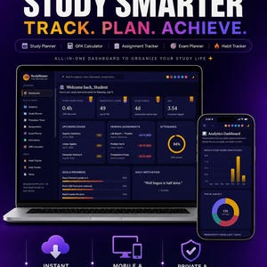 May include: StudyMaster Pro Dashboard software displayed on a laptop and smartphone screen. The interface features dark mode with purple accents, showing study hours, GPA, exam schedules, assignment trackers, and progress charts for academic organization.