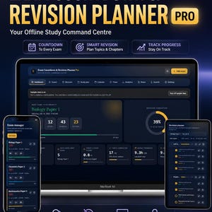 May include: Exam Countdown & Revision Planner Pro software interface displayed on a laptop, smartphone, and tablet. The dark-themed dashboard features exam countdowns, revision progress charts, study topic lists, and analytics tools.