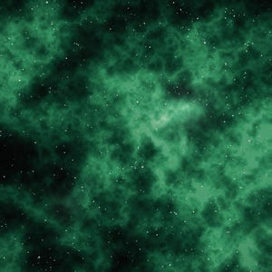 Könnte beinhalten: Eine digitale Illustration eines Weltraumnebels mit wirbelnden Wolken aus dunklem und leuchtendem smaragdgrünem Gas, durchsetzt mit zahlreichen kleinen, hellweißen Sternen, die über die weite, dunkle und texturierte kosmische Fläche verteilt sind.