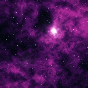 Könnte beinhalten: Eine Weltraumszene mit einem leuchtend violetten Nebel, der aus wirbelnden Gas- und Staubwolken besteht. Der dunkle Hintergrund ist mit zahlreichen kleinen, hellweißen Sternen übersät, wobei ein Stern besonders hell und leuchtend hervorsticht.
