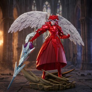 May include: A collectible figurine of a character wearing bright red armor and a pleated skirt, featuring large white feathered wings. The figure holds a long, silver-toned spear with a purple orb and stands on a textured brown base.