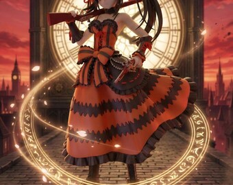 以下が含まれることがあります： オレンジと黒のフリルドレスとヘッドドレスを身に着けた時崎狂三のアニメフィギュア。長い黒髪で、右目が赤、左目が黄色のオッドアイ。長い銃とピストルを持ち、時計の文字盤を模した台座の上に立っている。