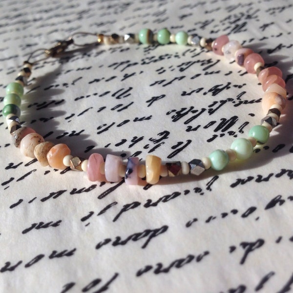Peruvian Pink Opal with Misty Green Australian Opal, Stone Bracelet, Stacking Bracelet, Boho, Cali, Light, Layering