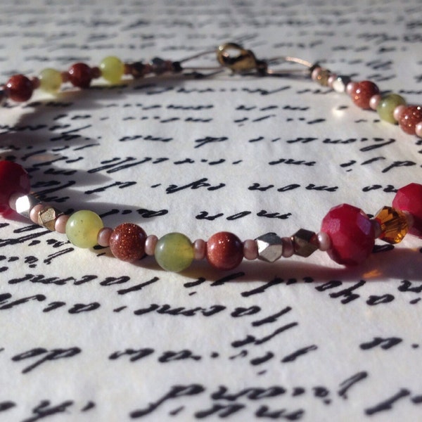 Sunstone and Jade Bracelet, Green Jade, Luster Sunstone, Red Garnet, Silver Gold Brass, Boho chic Layering Bracelet