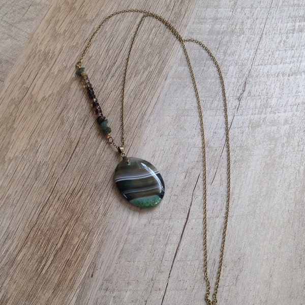 Long Pendant Necklace, Unique Fused Pendant Slice, Agate, Quartz, Tourmaline, Gemstone Brass Chain Necklace, Vintage, Victorian, Urban