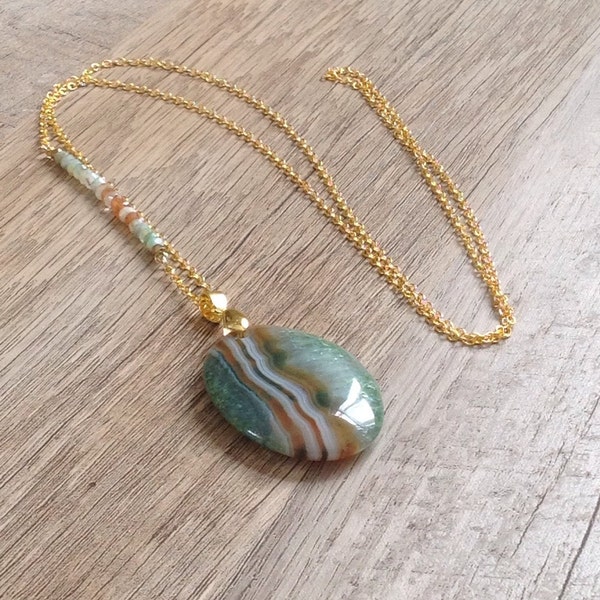 Long Crystal Agate Pendant on Gold Chain with Crystal Inlay of Gold Citrine, Peruvian Opal & Prehnite Necklace Boho Urban Victorian Gemstone