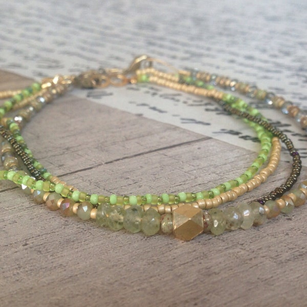 Misty Green Bracelet Set, Prehnite Gemstones, Geometric Gold Brass Cube, Picasso Toho, boho, Cali, urban, indie, Small Delicate Bracelet Set