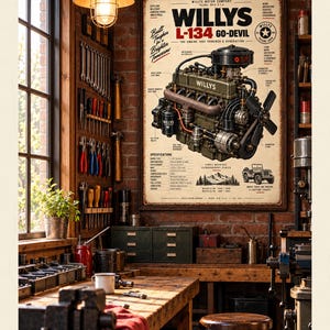 May include: A vintage-style poster featuring the Willys L-134 Go-Devil engine. The print displays technical specifications, a detailed engine illustration, and the text 'Willys L-134 Go-Devil' against a cream-colored background with a brick wall border.