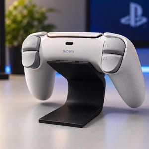 May include: A white wireless video game controller with grey R1, R2, L1, and L2 shoulder buttons, featuring a central Sony logo and a USB-C charging port, resting on a black angled display stand that supports the device from the underside.