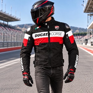 Ducati Corse motorcykeljacka, bepansrad textiljacka, röd och svart motorcykelutrustning