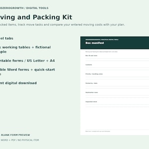 Moving Planner: Excel Box Inventory, Move Budget, Tasks and Printable Packing Forms