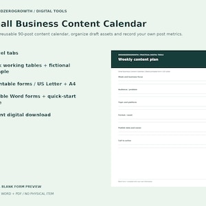 Puede incluir: Una herramienta digital de calendario de contenido para pequeñas empresas con 6 pestañas de Excel, 4 formularios imprimibles en tamaños US Letter y A4, y formularios de Word editables. La vista previa muestra un plan de contenido semanal.