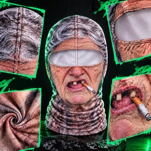 May include: A full-head fabric mask featuring a realistic print of an elderly person with gray hair, wrinkled skin, and missing teeth. The mask includes a horizontal eye opening and a graphic of a lit cigarette held between the lips.