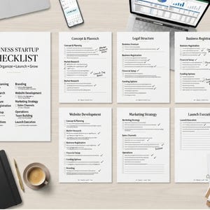 May include: A business startup checklist document set featuring a main summary page and six detailed category pages titled Concept & Planning, Legal Structure, Business Registration, Website Development, Marketing Strategy, and Launch Execution.