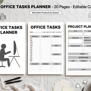 May include: A digital office tasks planner template set with 20 pages, featuring a cover page with a person at a computer, a daily schedule page, and a project planner page. The text includes OFFICE TASKS PLANNER, Minimalist Productivity System, and PROJECT PLANNER, presented in black and white with gray accents.