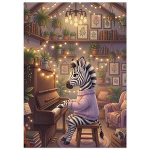Può includere: Una zebra che indossa un maglione in maglia viola chiaro siede su uno sgabello di legno suonando un pianoforte verticale marrone. La stanza presenta scaffali pieni di libri e piante, un lampadario con lampadine luminose e quadri floreali.