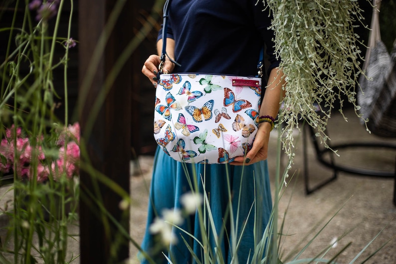 crosbodybag with leather strap white small bag with butterflies print small messenger bag