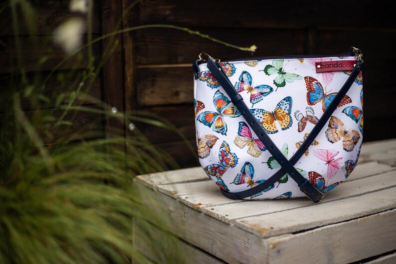 crosbodybag with leather strap white small bag with butterflies print small messenger bag