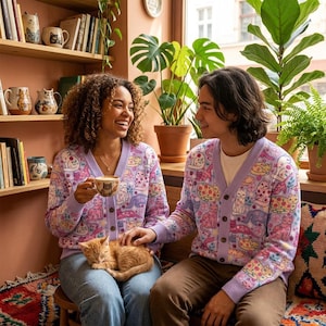 Puede incluir: Un cárdigan de color violeta claro con cuello en V y un estampado integral de gatos coloridos y motivos florales, con cierre de botones y puños acanalados. El suéter de punto muestra varias ilustraciones felinas en tonos rosa, azul y naranja.