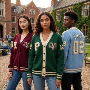 May include: Three varsity-style cardigans featuring button-front closures, ribbed trim, and embroidered ram head logos. The maroon cardigan has the letter R, the green cardigan has the letter P, and the light blue cardigan features SMITH 02.