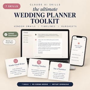 May include: A digital toolkit for wedding planning featuring a laptop and smartphone displaying the Claude AI interface. Three square cards labeled Vendor Email Writer, Wedding Timeline, and Day-of Runsheet are arranged in front of the devices.