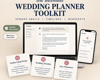 Può includere: Un kit di strumenti digitali per l'organizzazione di matrimoni con un portatile e uno smartphone che mostrano l'interfaccia Claude AI. Tre schede quadrate etichettate Vendor Email Writer, Wedding Timeline e Day-of Runsheet sono disposte davanti.