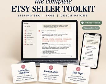 Può includere: Un toolkit digitale per venditori Etsy con un portatile e uno smartphone che mostrano interfacce di chat IA. Il testo include 7 SKILLS, CLAUDE AI SKILLS, THE COMPLETE ETSY SELLER TOOLKIT, LISTING SEO, TAGS, DESCRIPTIONS, INSTANT DOWNLOAD e WORKS ON FREE PLAN.