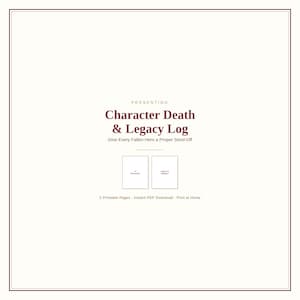 Utskrivbar logg för karaktärsdöd och arv | TTRPG In Memoriam-sida, DnD-epilogjournal, hyllning till fallen hjälte i PDF-format