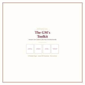 May include: A digital document titled The GM's Toolkit Session-Zero Guide & DM Prep Checklist Bundle. It features four rectangular icons representing printable pages with text, including Session Zero Discussion Guide and House Rules.