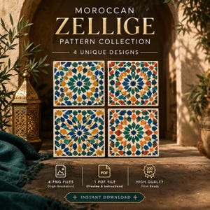 Peut inclure: Une collection numérique intitulée MOROCCAN ZELLIGE PATTERN COLLECTION 4 UNIQUE DESIGNS présentant quatre carreaux carrés aux motifs géométriques en étoile bleu, vert, jaune et orange. Inclut 4 fichiers PNG, 1 fichier PDF et 300 DPI.
