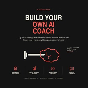 Könnte beinhalten: Ein schwarzer digitaler Leitfaden mit dem Titel BUILD YOUR OWN AI COACH in weißem und rotem Text. Er zeigt eine Grafik eines weißen Steckers, der mit einem roten Wolkensymbol mit einem neuronalen Netzwerksymbol verbunden ist. Enthält Symbole für Fortschritt.