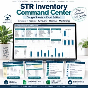 Op de afbeelding: Een digitaal STR Inventory Command Center sjabloon voor Google Sheets en Excel, met een dashboard voor voorraadbeheer, kostenoverzicht en statusgrafieken, aangevuld met vier kleine voorbeeldkaarten voor inventaris, instellingen en handleidingen.