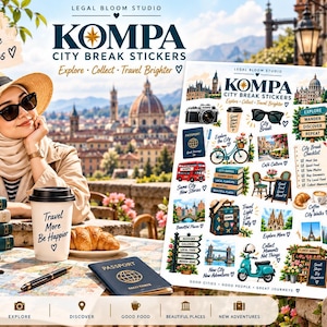Puede incluir: Una hoja de pegatinas digitales titulada Kompa City Break Stickers con varias ilustraciones temáticas de viajes, incluyendo una cámara, pasaporte, bicicleta, autobús rojo, scooter y monumentos. La hoja incluye textos como Explore, Collect, Travel Brighter y una lista de verificación, disponible en formatos A4, A5 y PNG.