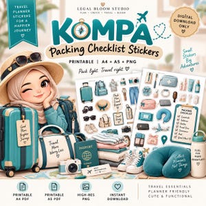 Puede incluir: Un conjunto de descarga digital de pegatinas de lista de equipaje Kompa con ilustraciones de viajes como maletas, un pasaporte, una almohada de cuello y ropa. Los gráficos incluyen texto como Pack light. Travel right. y Packing Checklist.