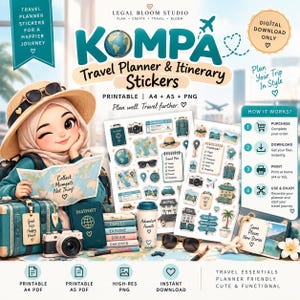 Puede incluir: Un conjunto de descarga digital de pegatinas para planificador de viajes titulado KOMPA, con ilustraciones de maletas, cámaras, mapas y pasaportes. El gráfico incluye un personaje de dibujos animados con sombrero, texto temático de viajes e instrucciones para imprimir en tamaños A4 o A5. La paleta de colores consta de tonos verde azulado, beige y azul suave.