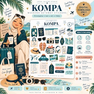 Puede incluir: Una hoja de pegatinas digitales titulada Kompa Weekend Getaway Stickers con ilustraciones de viajes que incluyen una maleta, pasaporte, cámara, gafas de sol, sandalias, sombrero, avión y varias citas de viaje en azul, crema y bronceado.