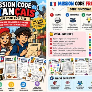 Może przedstawiać: Cyfrowy zestaw edukacyjny zatytułowany Mission Code Français, zawierający ilustrowaną scenę z dwojgiem uczniów z lupą i mapą, wraz z tekstem instruktażowym, ikonami i ośmioma arkuszami ćwiczeń do druku do nauki języka francuskiego.