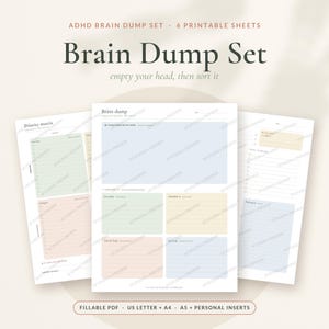 Op de afbeelding: Een set van zes printbare ADHD brain dump-vellen met pastelkleurige secties voor het organiseren van taken, schema's en prioriteiten. De pagina's bevatten koppen zoals Brain dump en Priority matrix, evenals tekstvelden voor dagelijkse planning.
