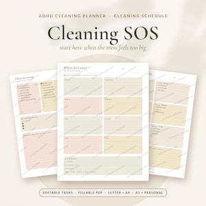 Op de afbeelding: Een ADHD-schoonmaakplanner en schema-set met drie witte pagina's met pastelkleurige secties. De tekst bevat "ADHD CLEANING PLANNER", "Cleaning SOS", "start here when the mess feels too big", "Clean by energy", "Where do I start?" en "EDITABLE TASKS".